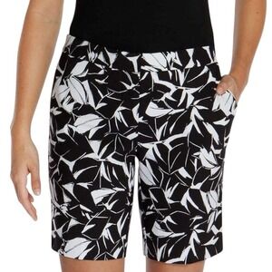 Mario Serrani Italy Shorts Black White Leaf Print Bermuda Stretch Size 6 Women's
